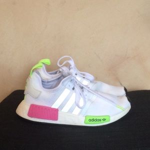 Adidas Boost women’s athletic shoe size 6us white w/neon pink & green accents